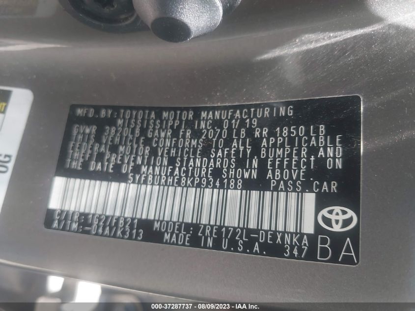 2019 TOYOTA COROLLA L/LE/SE/XLE/XSE - 5YFBURHE8KP934188