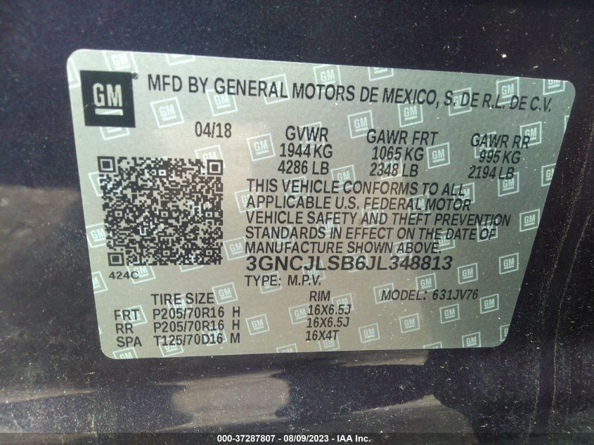 2018 CHEVROLET TRAX LT - 3GNCJLSB6JL348813