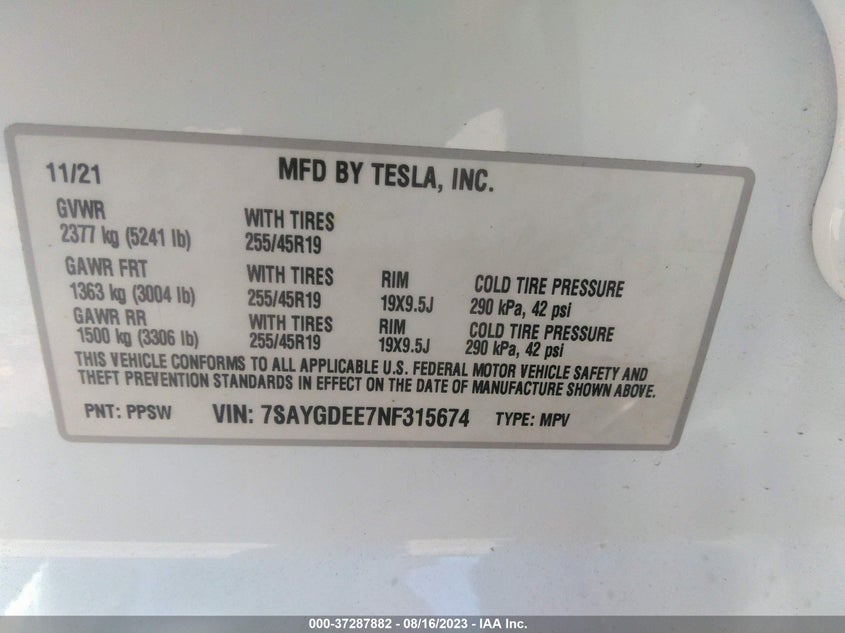 VIN 7SAYGDEE7NF315674 2022 TESLA MODEL Y