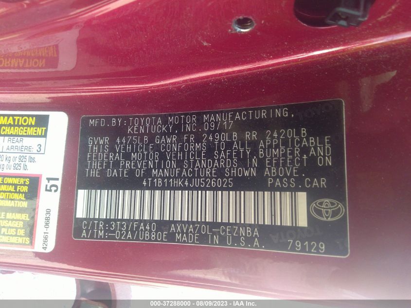 2018 TOYOTA CAMRY LE/SE/XLE/L - 4T1B11HK4JU526025