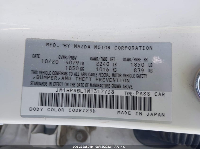 VIN JM1BPABL1M1317738 2021 MAZDA MAZDA3 SEDAN SELECT