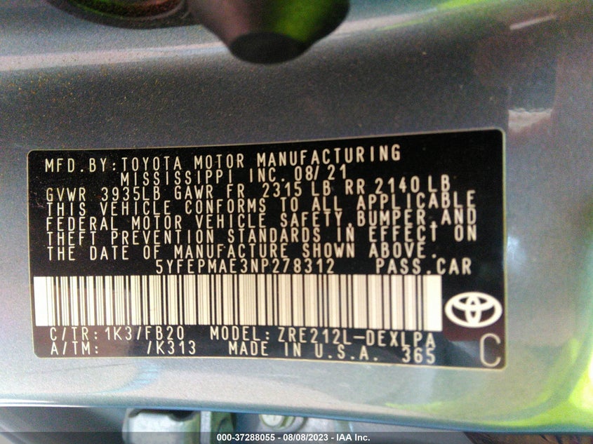 VIN 5YFEPMAE3NP278312 2022 TOYOTA COROLLA LE