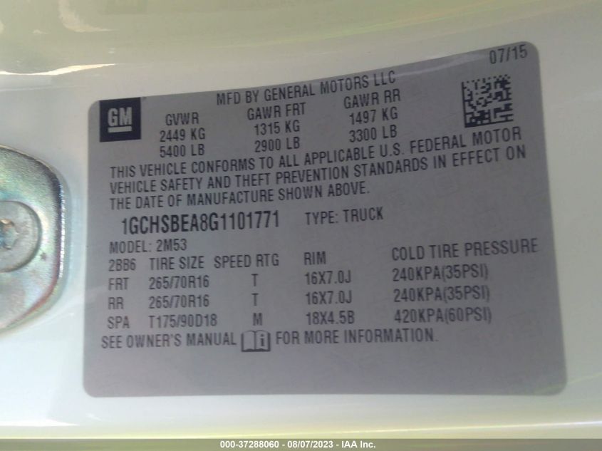 2016 CHEVROLET COLORADO 2WD WT - 1GCHSBEA8G1101771