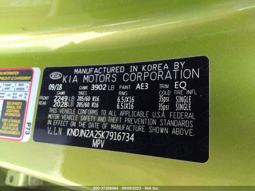 2019 KIA SOUL BASE - KNDJN2A25K7916734