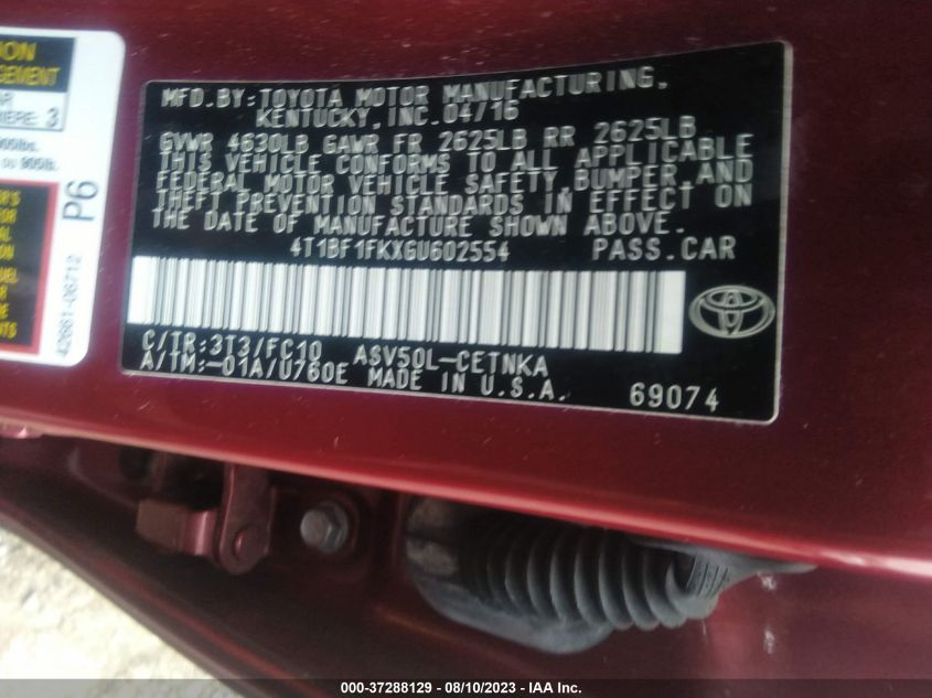 2016 TOYOTA CAMRY XLE/SE/LE/XSE - 4T1BF1FKXGU602554