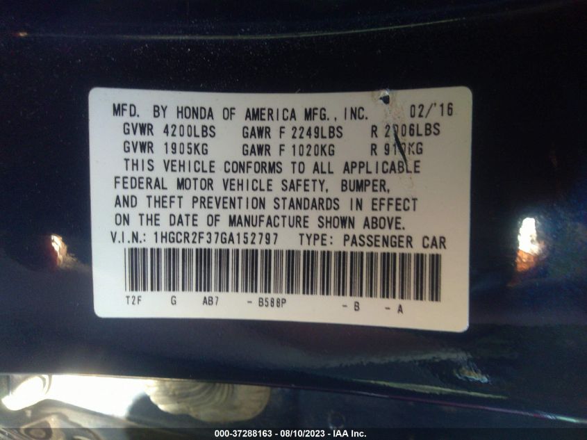 2016 HONDA ACCORD SEDAN LX - 1HGCR2F37GA152797