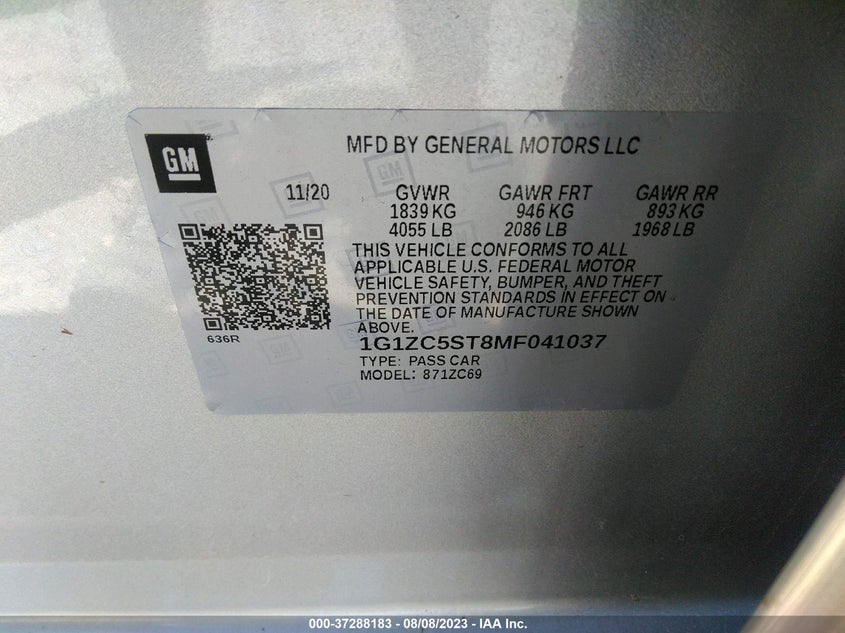 VIN 1G1ZC5ST8MF041037 2021 CHEVROLET MALIBU LS