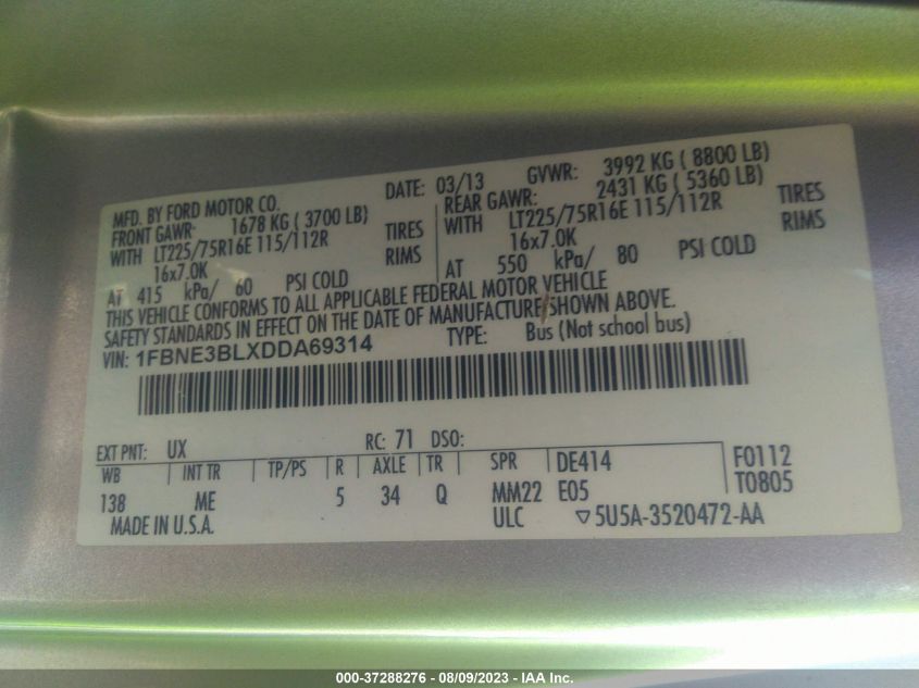 2013 FORD ECONOLINE WAGON XL/XLT 1FBNE3BLXDDA69314