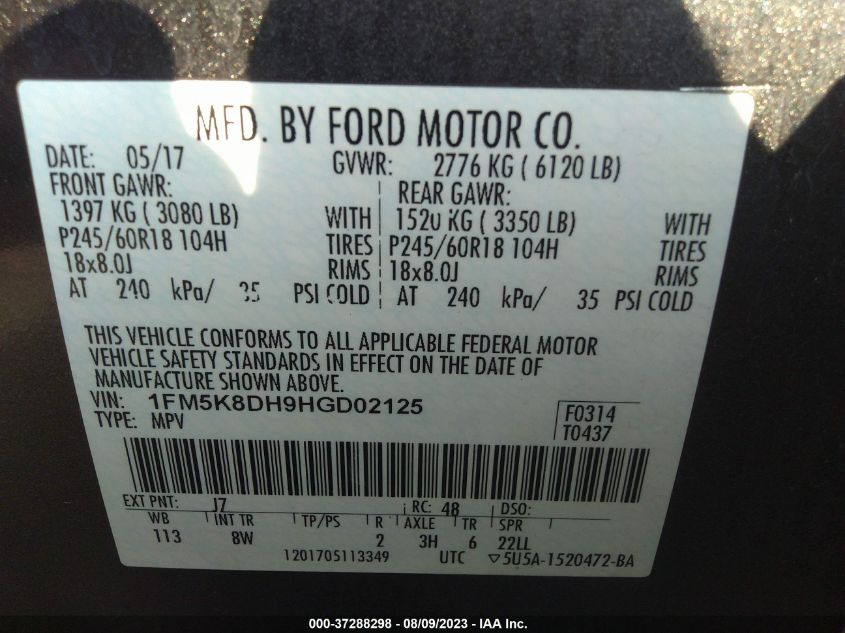 2017 FORD EXPLORER XLT - 1FM5K8DH9HGD02125