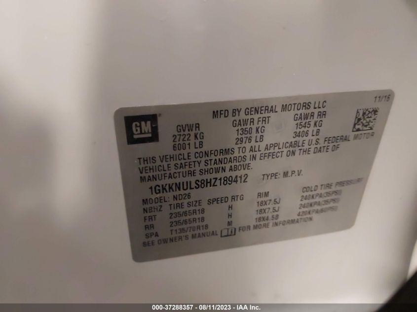 2017 GMC ACADIA SLT - 1GKKNULS8HZ189412