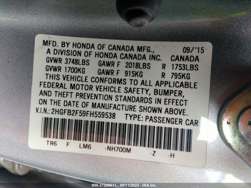 2015 HONDA CIVIC SEDAN LX - 2HGFB2F59FH559538