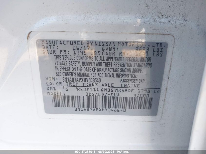 2017 NISSAN SENTRA S/SV/SR/SL - 3N1AB7APXHY348640