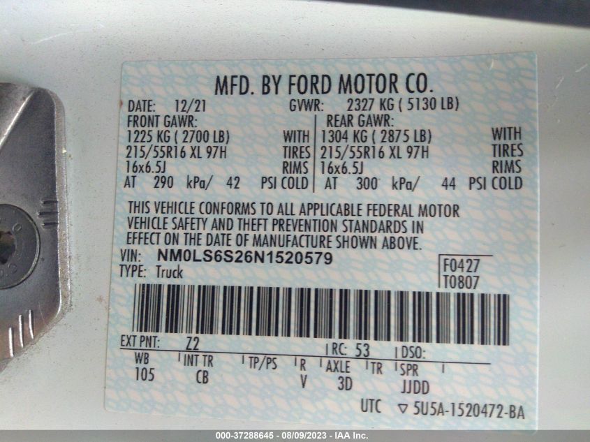 2022 FORD TRANSIT CONNECT VAN XL - NM0LS6S26N1520579