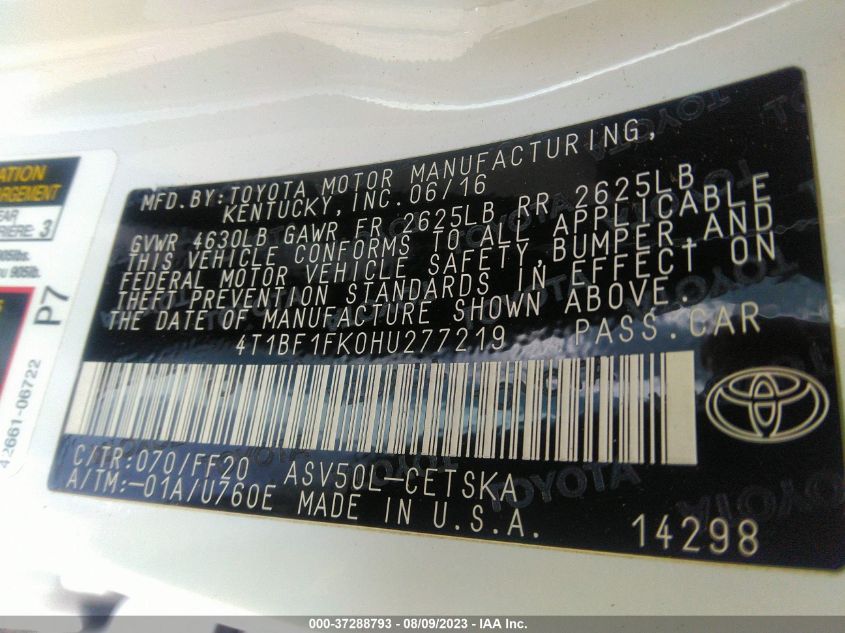 2017 TOYOTA CAMRY LE/XLE/SE/XSE - 4T1BF1FK0HU277219