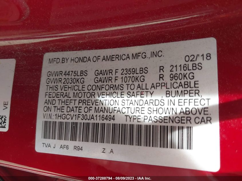 2018 HONDA ACCORD SEDAN SPORT 1.5T - 1HGCV1F30JA116494