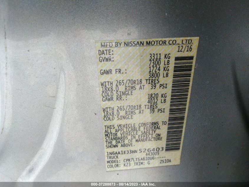 2017 NISSAN TITAN SV - 1N6AA1EJ3HN526403