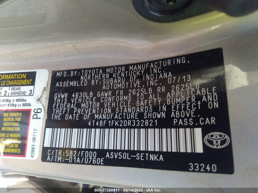 2013 TOYOTA CAMRY L/LE/SE/XLE - 4T4BF1FK2DR332821