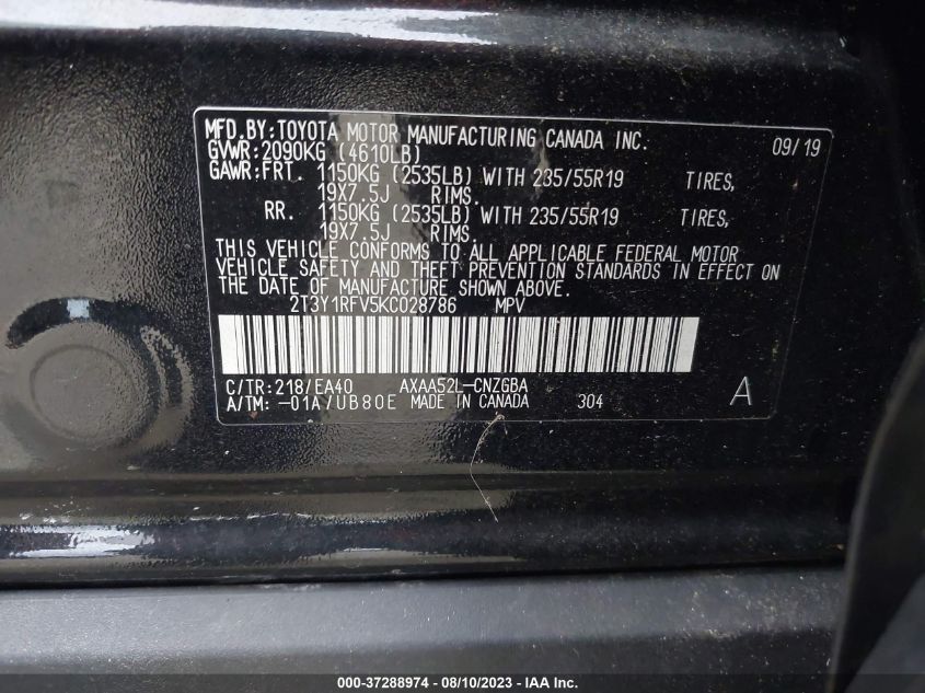 2019 TOYOTA RAV4 LIMITED - 2T3Y1RFV5KC028786