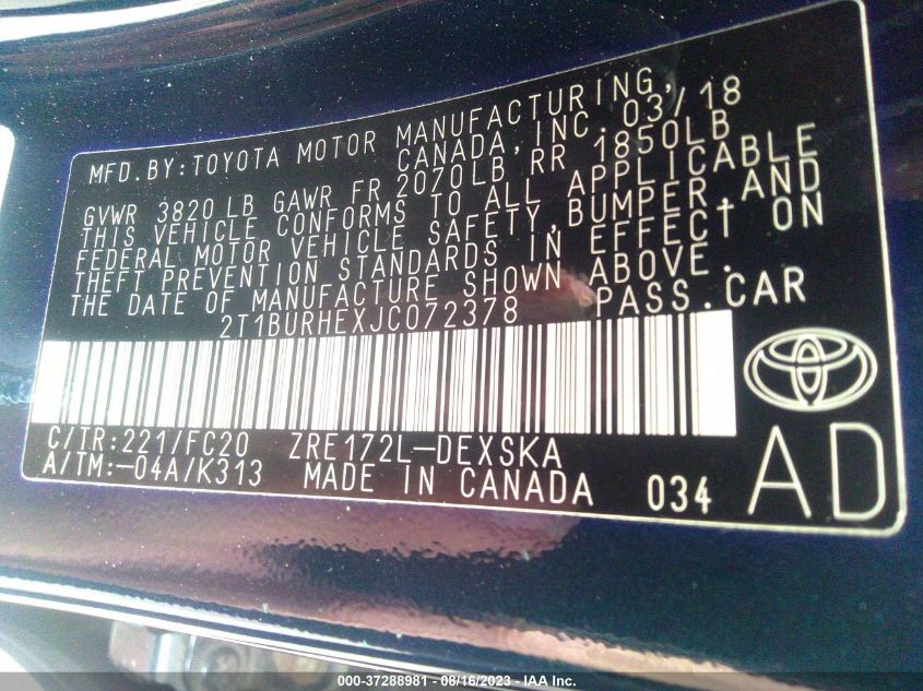 2018 TOYOTA COROLLA L/LE/XLE/SE/XSE - 2T1BURHEXJC072378