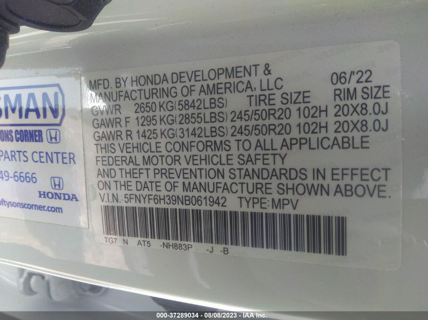 2022 HONDA PILOT SPORT - 5FNYF6H39NB061942