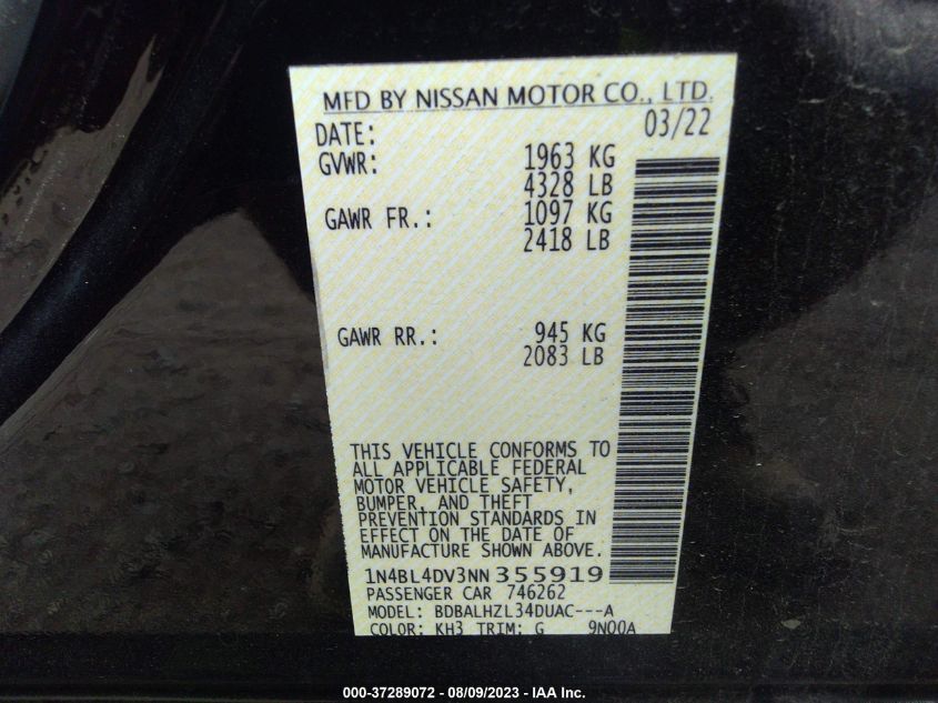2022 NISSAN ALTIMA SV - 1N4BL4DV3NN355919