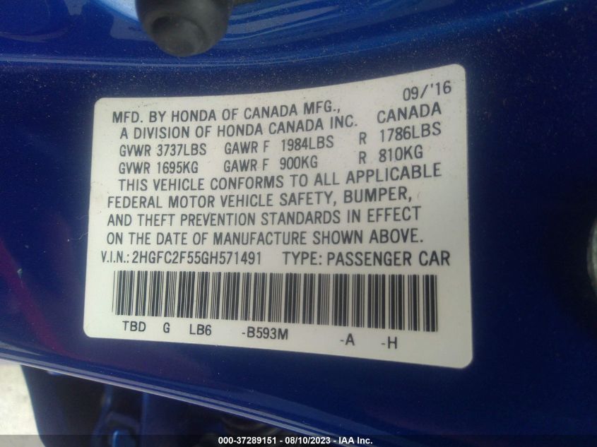2016 HONDA CIVIC SEDAN LX - 2HGFC2F55GH571491