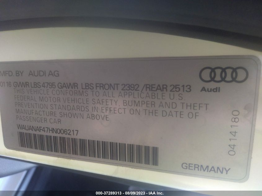2017 AUDI A4 PREMIUM - WAUANAF47HN006217