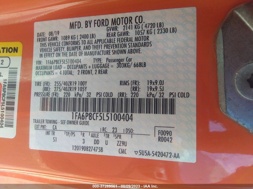 2020 FORD MUSTANG GT - 1FA6P8CF5L5100404