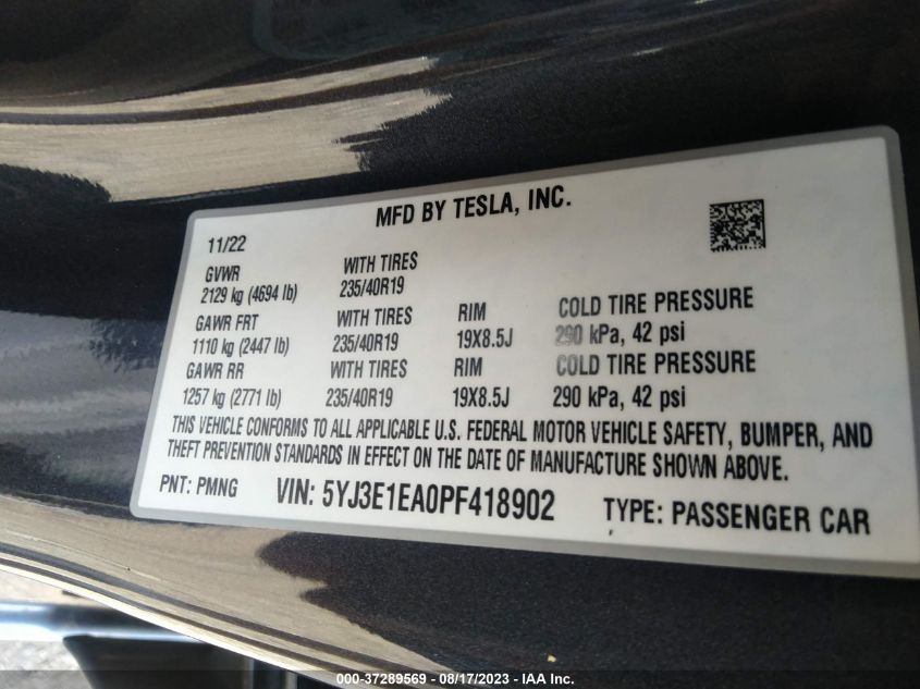 2023 TESLA MODEL 3 - 5YJ3E1EA0PF418902