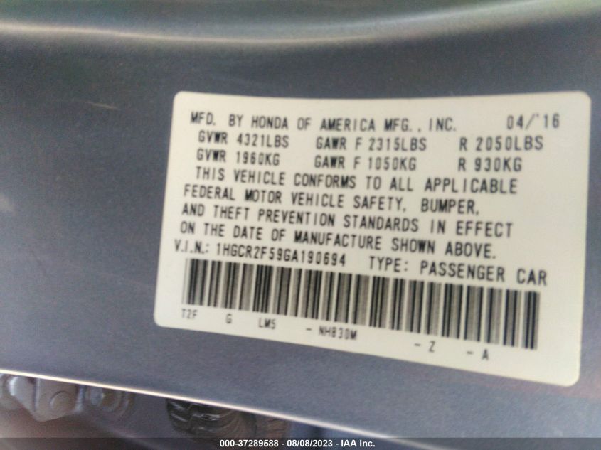 2016 HONDA ACCORD SEDAN SPORT - 1HGCR2F59GA190694