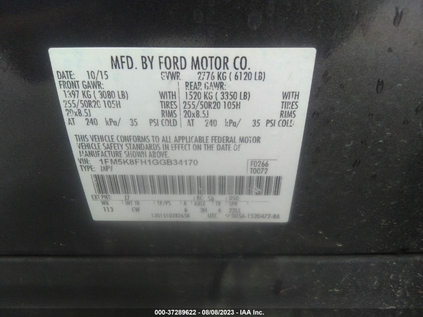 2016 FORD EXPLORER LIMITED - 1FM5K8FH1GGB34170