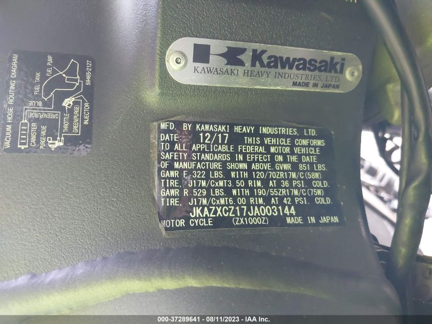 2018 KAWASAKI ZX1000 Z JKAZXCZ17JA003144