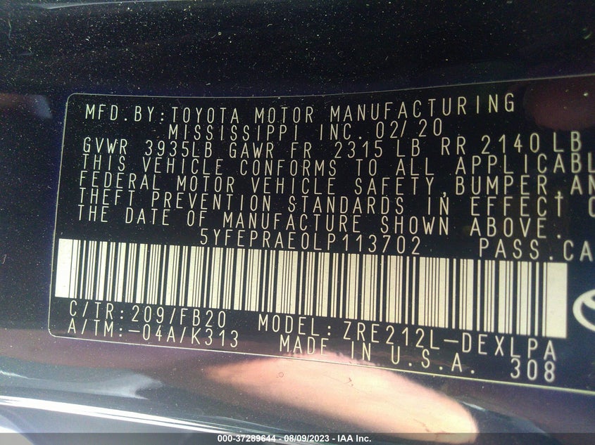VIN 5YFEPRAE0LP113702 2020 TOYOTA COROLLA LE