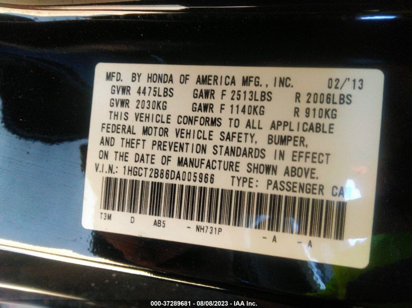 2013 HONDA ACCORD EX-L V-6 - 1HGCT2B86DA005966