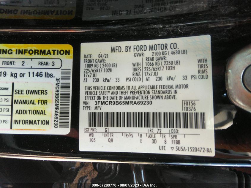 2021 FORD BRONCO SPORT BIG BEND - 3FMCR9B65MRA69230