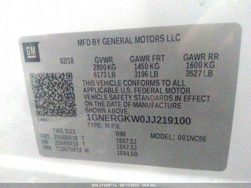 2018 CHEVROLET TRAVERSE LT CLOTH - 1GNERGKW0JJ219100
