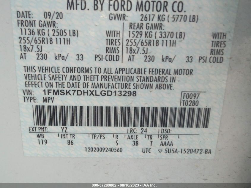 2020 FORD EXPLORER XLT - 1FMSK7DHXLGD13298