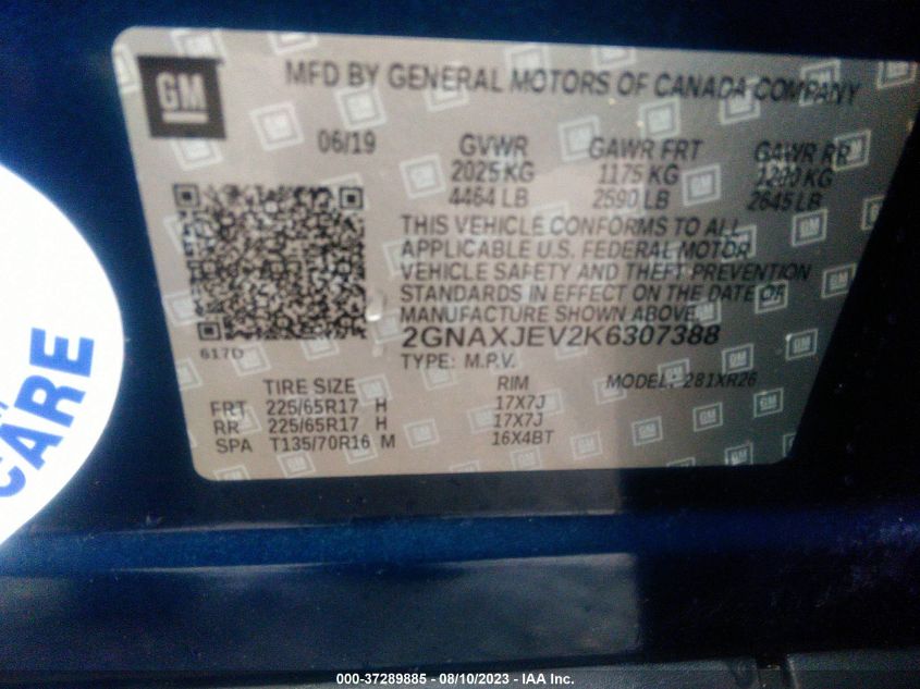 2019 CHEVROLET EQUINOX LT - 2GNAXJEV2K6307388