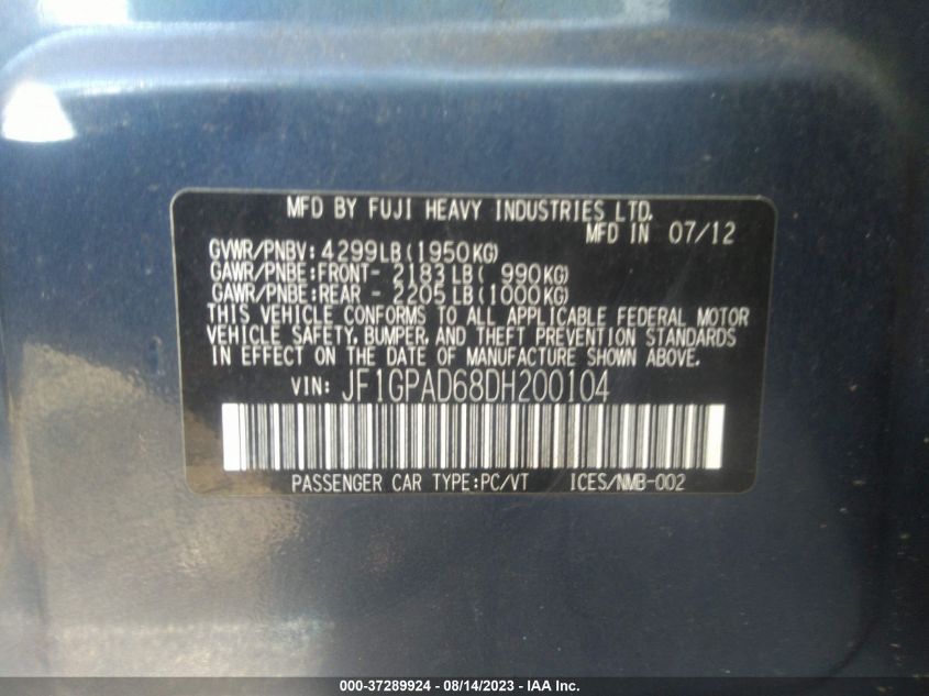 2013 SUBARU IMPREZA WAGON 2.0I PREMIUM - JF1GPAD68DH200104
