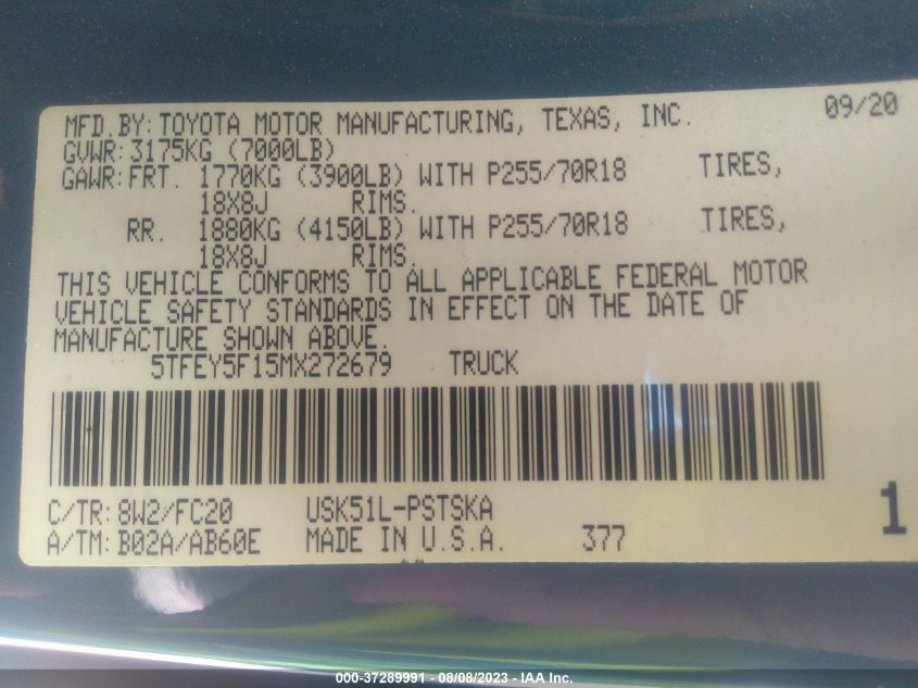2021 TOYOTA TUNDRA 2WD SR5 - 5TFEY5F15MX272679