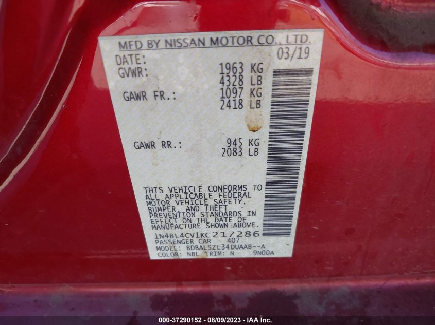 2019 NISSAN ALTIMA SR - 1N4BL4CV1KC217286