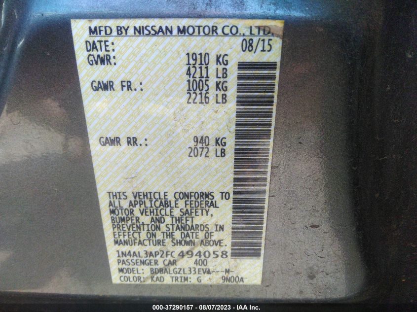 2015 NISSAN ALTIMA 2.5 S - 1N4AL3AP2FC494058