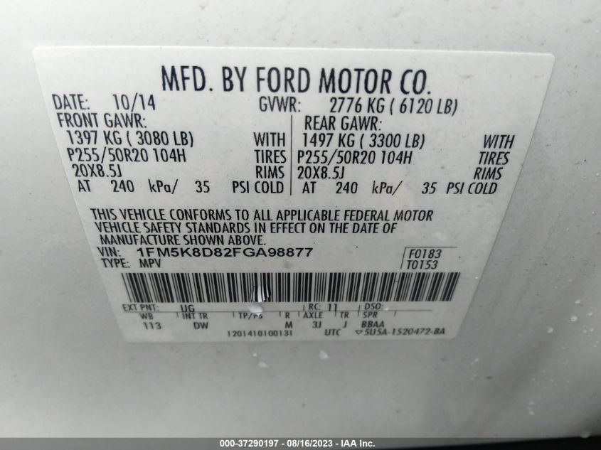 2015 FORD EXPLORER XLT - 1FM5K8D82FGA98877
