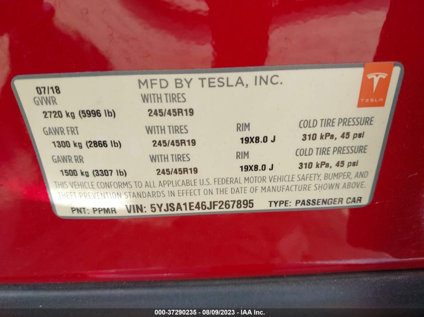 2018 TESLA MODEL S 75D/100D/P100D - 5YJSA1E46JF267895