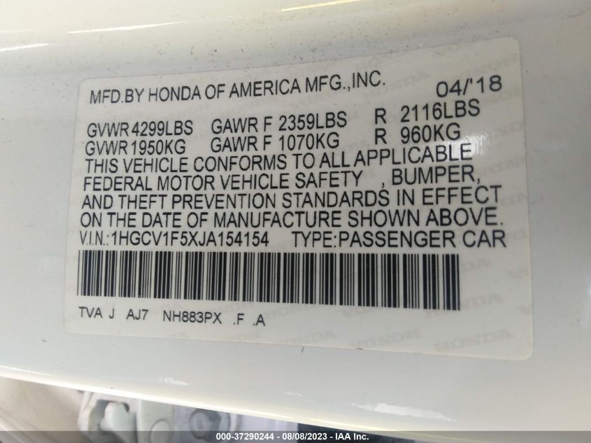 2018 HONDA ACCORD SEDAN EX-L 1.5T - 1HGCV1F5XJA154154