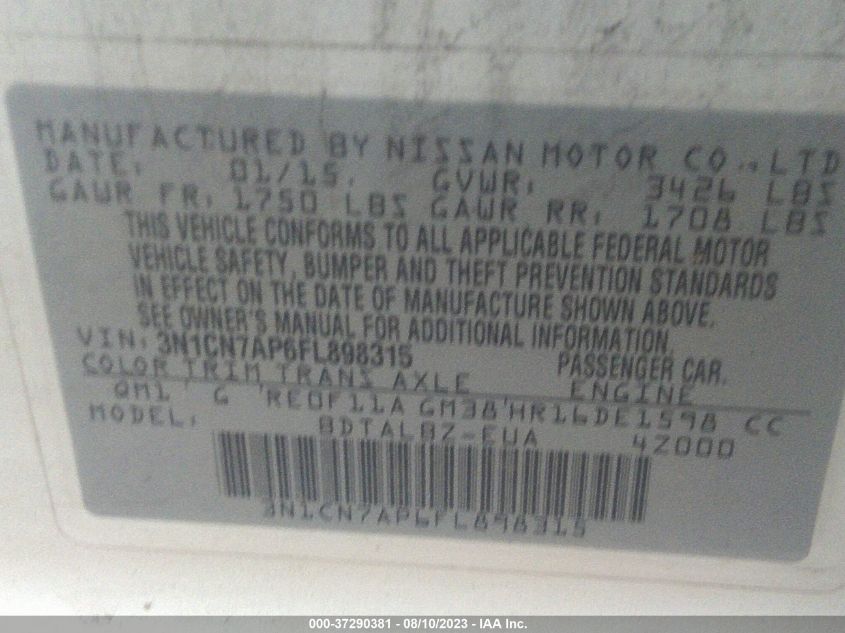 2015 NISSAN VERSA S/S PLUS/SV/SL - 3N1CN7AP6FL898315