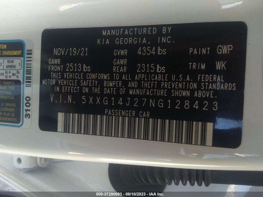 2022 KIA K5 LXS - 5XXG14J27NG128423