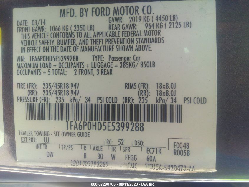 2014 FORD FUSION SE - 1FA6P0HD5E5399288