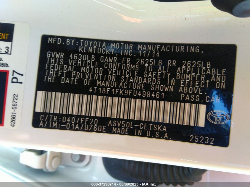 2015 TOYOTA CAMRY XLE/SE/LE/XSE - 4T1BF1FK9FU498461