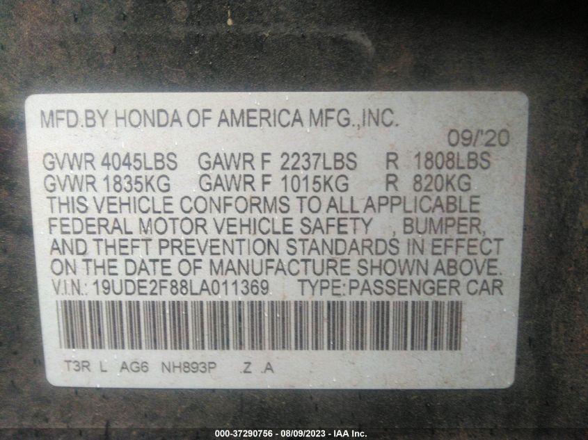 2020 ACURA ILX PKG - 19UDE2F88LA011369
